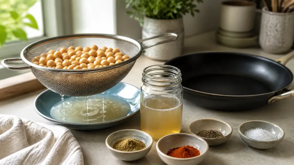 Editorial kitchen photograph of canned chickpeas draining in a metal colander beside a skillet, small bowls of spices and a glass jar of reserved aquafaba, natural daylight, no text, no logo