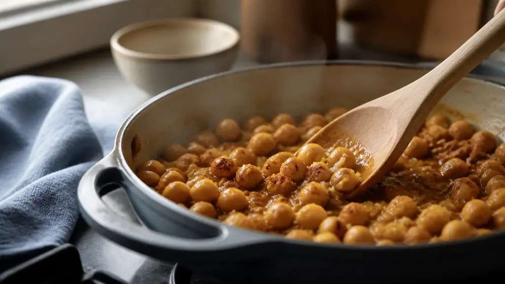Editorial food photograph of chickpeas simmering gently in a skillet with softened onions and warm spices, a wooden spoon crushing a few chickpeas into the sauce, natural kitchen light, no text, no logo