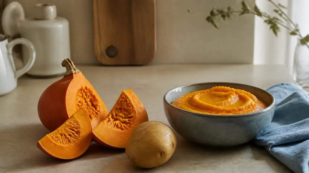 Editorial food photograph of sliced raw potimarron beside a potato, with a small bowl of smooth potimarron puree and visible fibrous orange flesh, natural kitchen light, no text, no logo