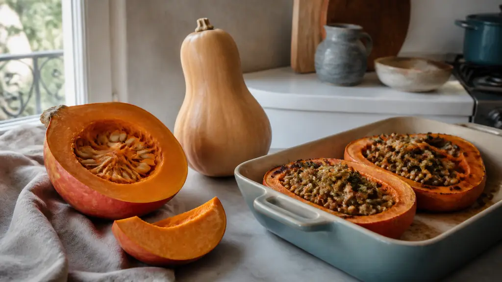 Editorial food photograph of a halved raw potimarron, a wedge of potiron and a pear-shaped butternut beside a baking dish of vegetarian stuffed squash with rice and lentils, natural kitchen light, no text, no logo