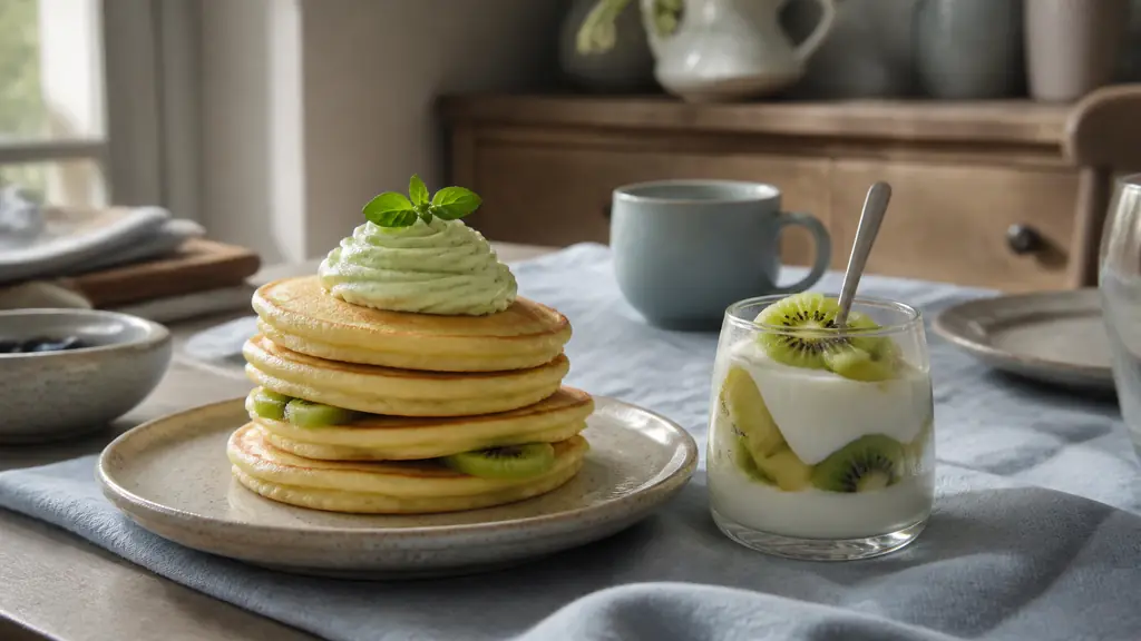 Editorial food photograph of pancakes topped with fresh green kiwi slices and basil whipped cream, beside a small apple and kiwi yogurt verrine on a family breakfast table, natural morning light, no text, no logo