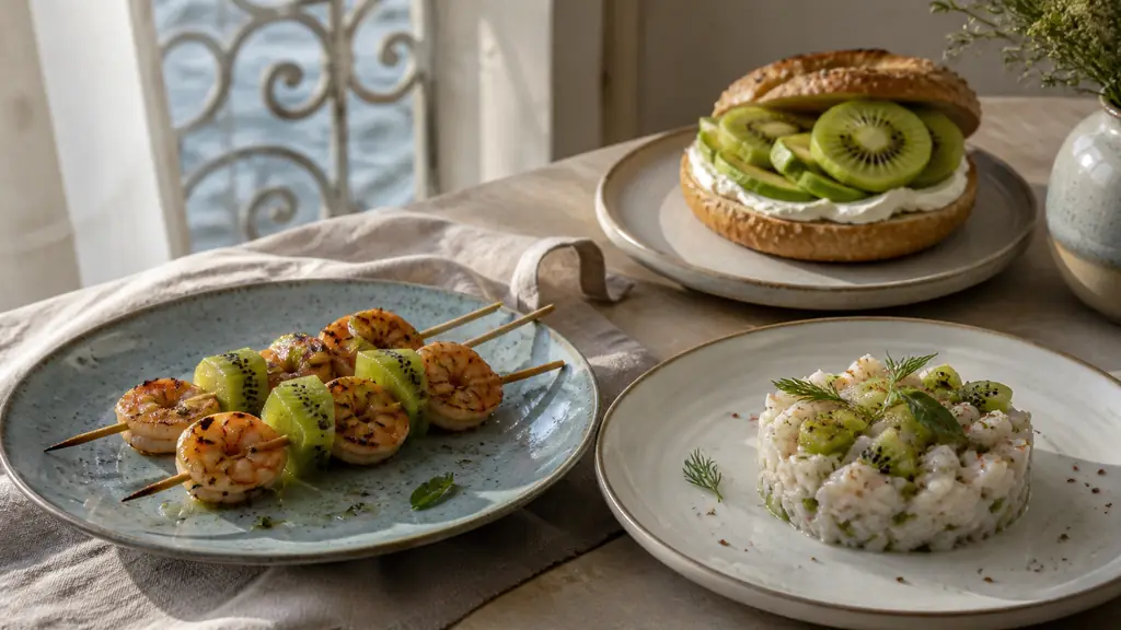Editorial food photograph of seared shrimp and green kiwi skewers beside a crab and diced kiwi tartare and an open bagel with avocado, kiwi slices and fresh cheese, natural daylight, no text, no logo