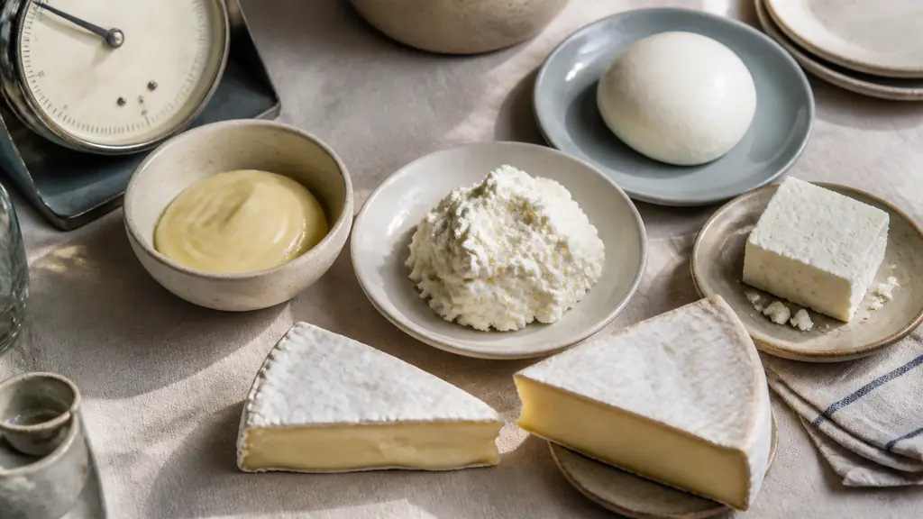 Overhead editorial photograph of a kitchen table with small labeled-free portions of white cheese, cancoillotte in a bowl, ricotta, mozzarella, feta, camembert and coulommiers arranged beside a food scale, natural daylight, no text or logo