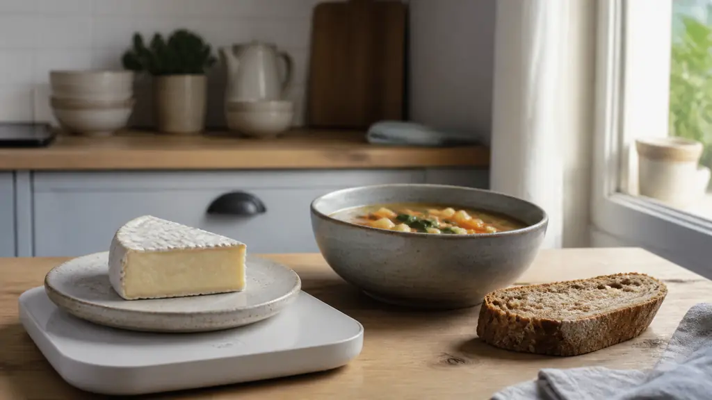 Editorial kitchen photograph of a 30 gram wedge of camembert on a food scale beside a bowl of vegetable soup and a slice of wholemeal bread, natural daylight, no text or logo