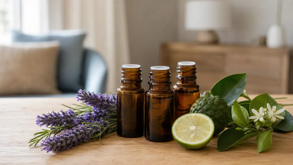 editorial photo of three small amber essential oil bottles with lavender, bergamot and bitter orange leaves on a light wooden table, calm natural daylight, home wellness atmosphere, no text, no logo