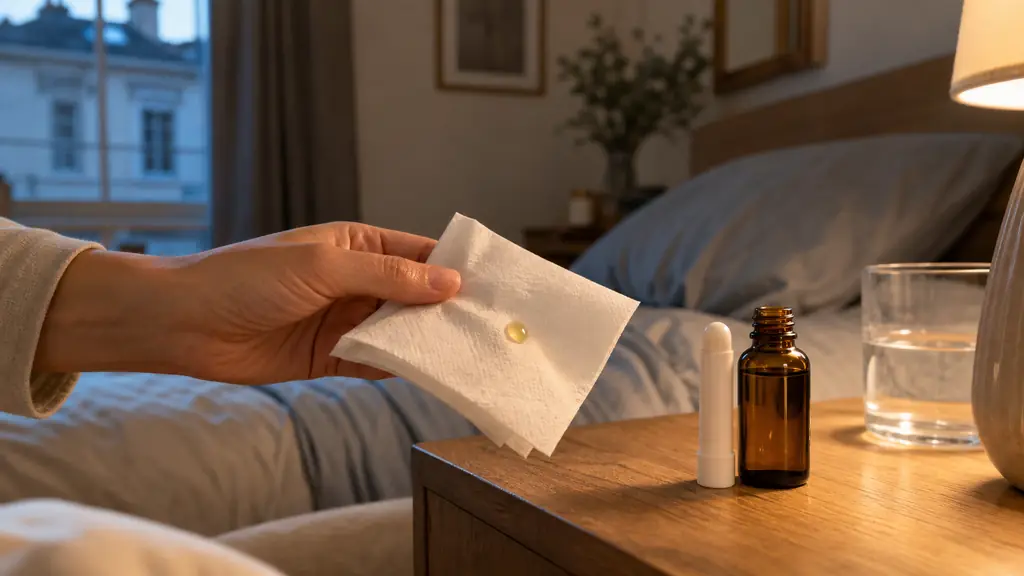 editorial photo of a simple home wellness routine with a hand holding a white tissue with one drop of essential oil, a small inhaler stick and an amber bottle on a bedside table, soft evening light, calm realistic interior, no text, no logo