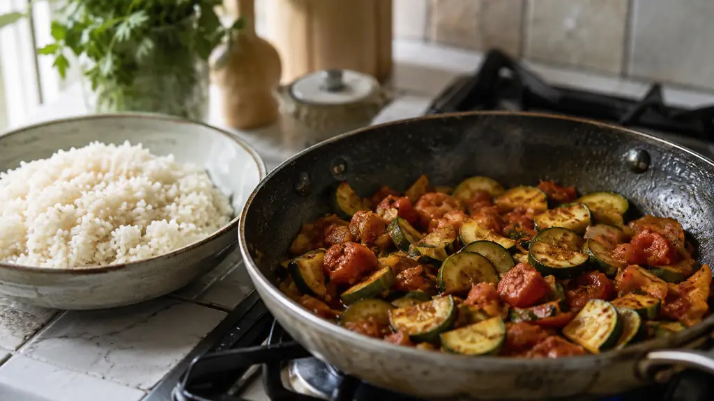 Close-up editorial food photograph of zucchini half-moons and tomatoes sautéing with paprika and cumin in a skillet, served beside warm rice, natural kitchen light, no text or logo