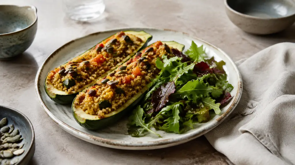 Editorial food photograph of zucchini boats filled with quinoa and vegetables seasoned with mild curry, topped with seeds and lightly browned from the oven, served beside a green salad, natural kitchen light, no text or logo