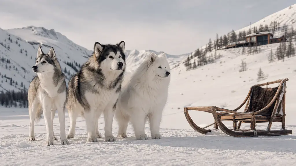 editorial winter photograph of a lean Siberian Husky beside a broad-chested Alaskan Malamute and a fluffy white Samoyed, standing near a wooden sled on packed snow, no text, no logo