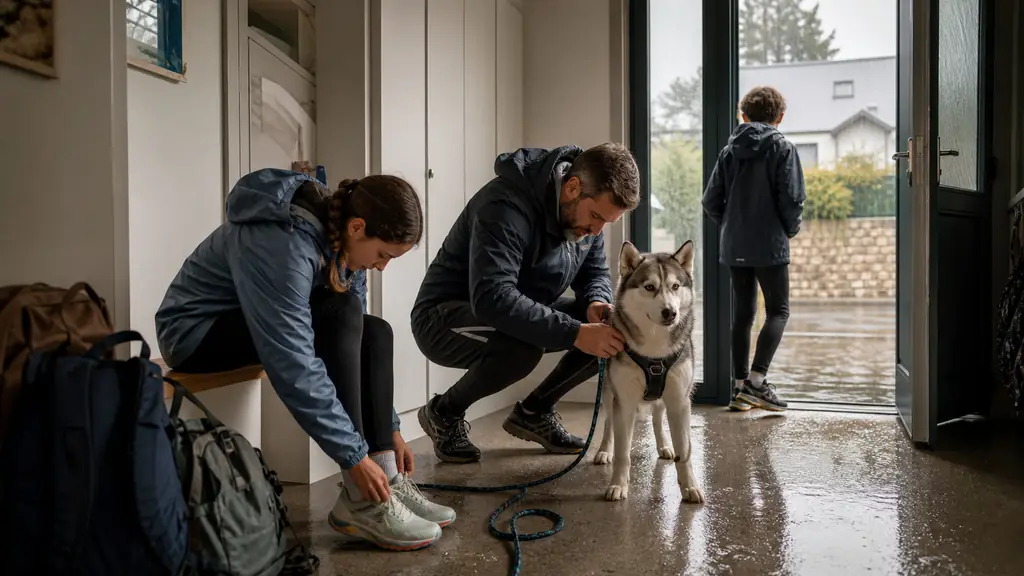 editorial photograph of a family in a home entrance preparing a Siberian Husky for a rainy run, with running shoes, a long leash and children's school bags visible, no text, no logo