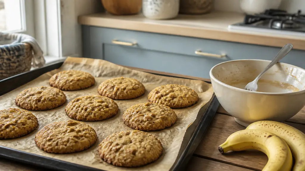 Close-up editorial food photograph of eight banana oat cookies on a parchment-lined baking tray, with a fork and two ripe bananas beside the mixing bowl, natural kitchen light, no text, no logo