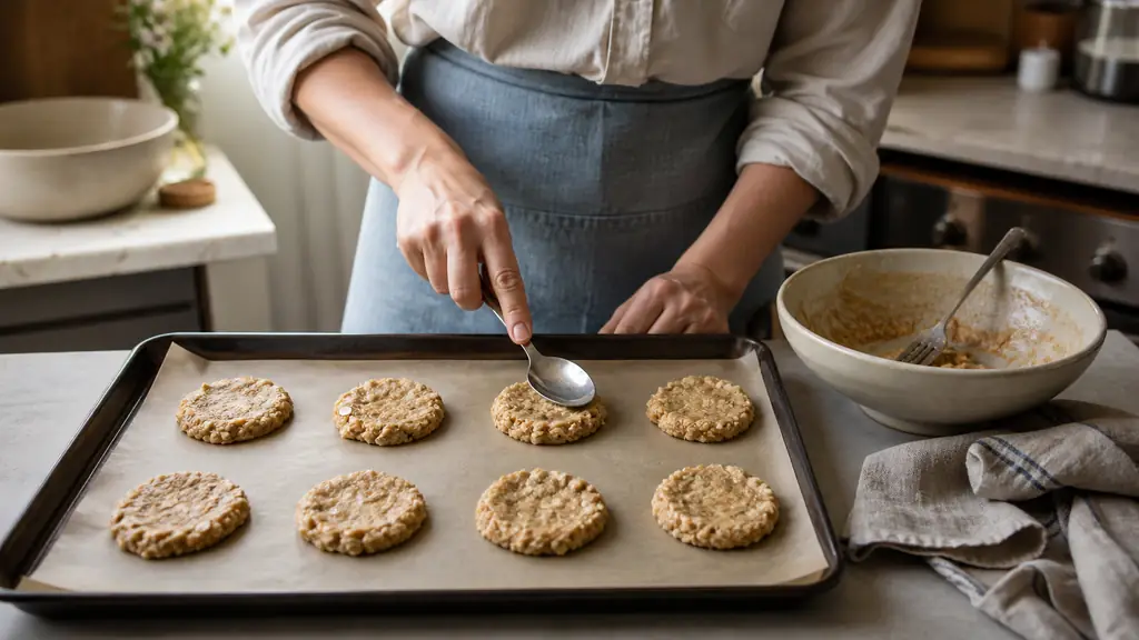 Editorial food photograph of a hand flattening eight banana oat cookie dough mounds with the back of a spoon on a parchment-lined baking tray, mixing bowl and fork nearby, natural kitchen light, no text, no logo