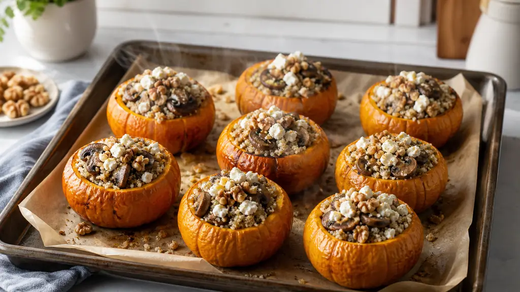 Eight roasted Jack Be Little squash filled with quinoa, sautéed mushrooms, crumbled feta and chopped walnuts on a parchment-lined baking tray, warm natural kitchen light, editorial food photography, no text, no logo