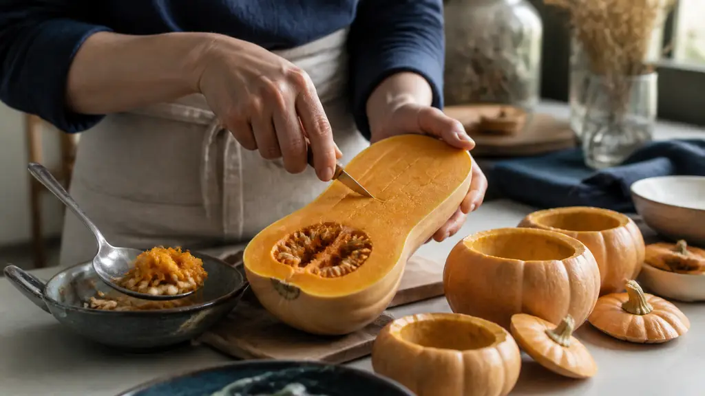 Hands scoring the flesh of a halved butternut squash beside hollowed Jack Be Little squash with their lids, spoon holding freshly removed seeds and filaments, warm editorial kitchen photography, no text, no logo