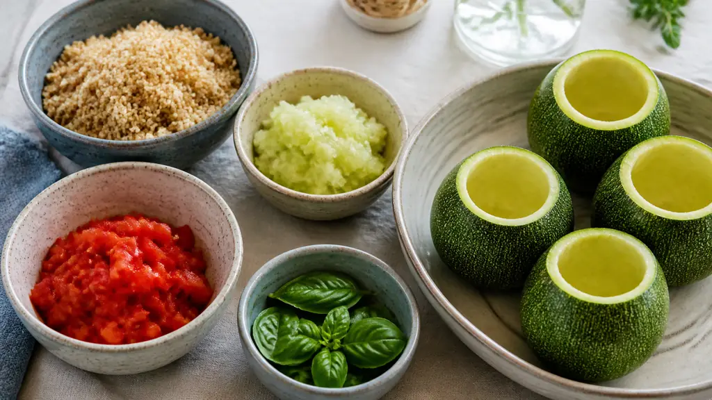 Overhead editorial photograph of quinoa, reserved zucchini flesh, chopped tomato and fresh basil arranged in small ceramic bowls beside round hollowed zucchinis, natural kitchen light, no text, no logo
