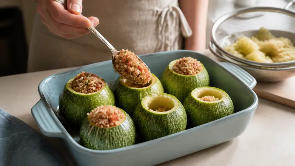 Close-up editorial kitchen photograph of a hand filling hollowed round zucchinis with quinoa and tomato mixture using a spoon, strained zucchini flesh in a small sieve nearby, oven dish ready for baking, natural light, no text, no logo