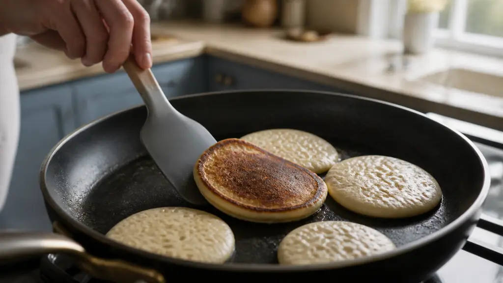 Close-up editorial photograph of small whey pancakes cooking over medium heat in a lightly greased skillet, visible bubbles on the surface, hand turning one pancake with a spatula, soft natural kitchen light, no text, no logo