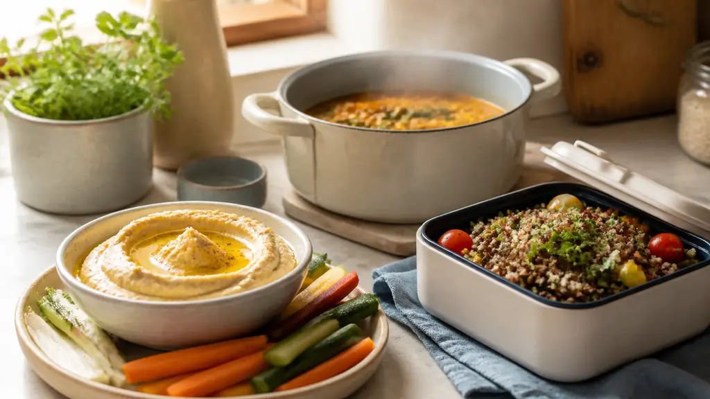 Editorial photograph of chickpea tahini hummus with seasonal vegetable sticks, a quinoa and lentil salad in a lunch box, and a red lentil coconut curry simmering in a saucepan, natural kitchen light, no text, no logo