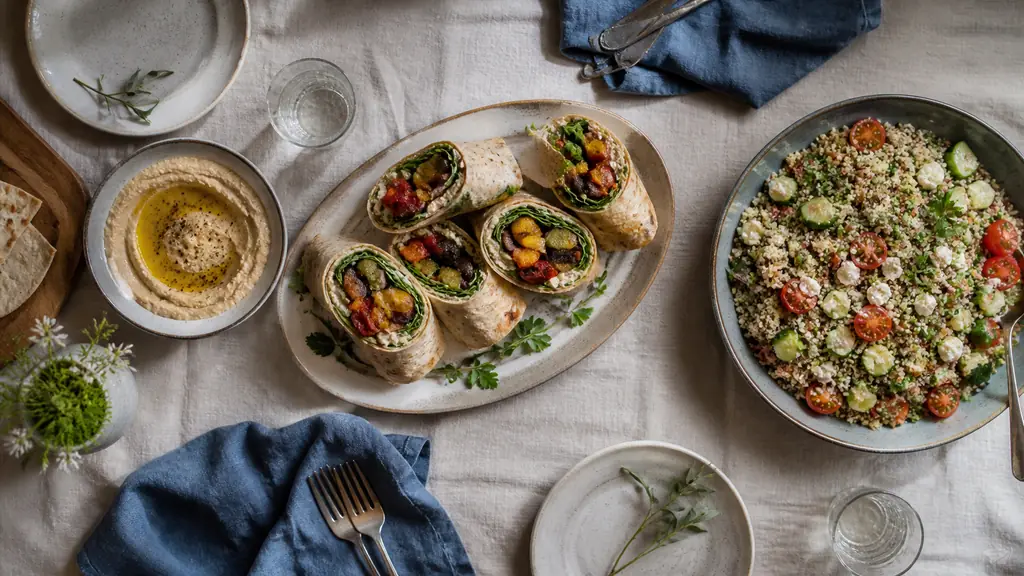 Overhead editorial food photograph of hummus and roasted vegetable wraps beside a quinoa salad with cucumber, tomatoes and feta on a family kitchen table, natural daylight, no text, no logo