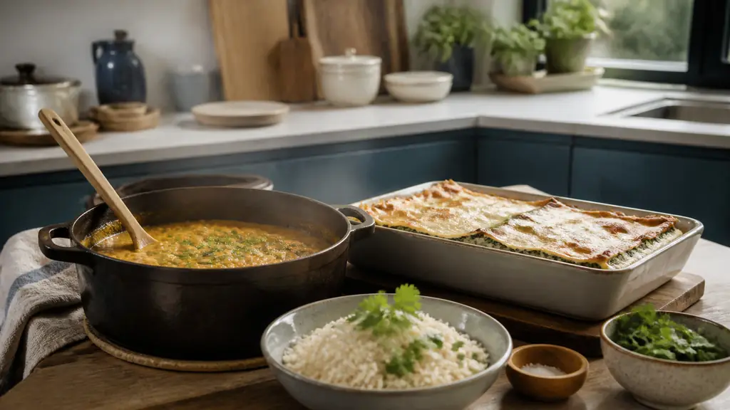 Editorial food photograph of a red lentil dhal simmering in a cast iron pot beside basmati rice and fresh herbs, with a tray of spinach and ricotta vegetarian lasagna on a family kitchen counter, natural daylight, no text, no logo