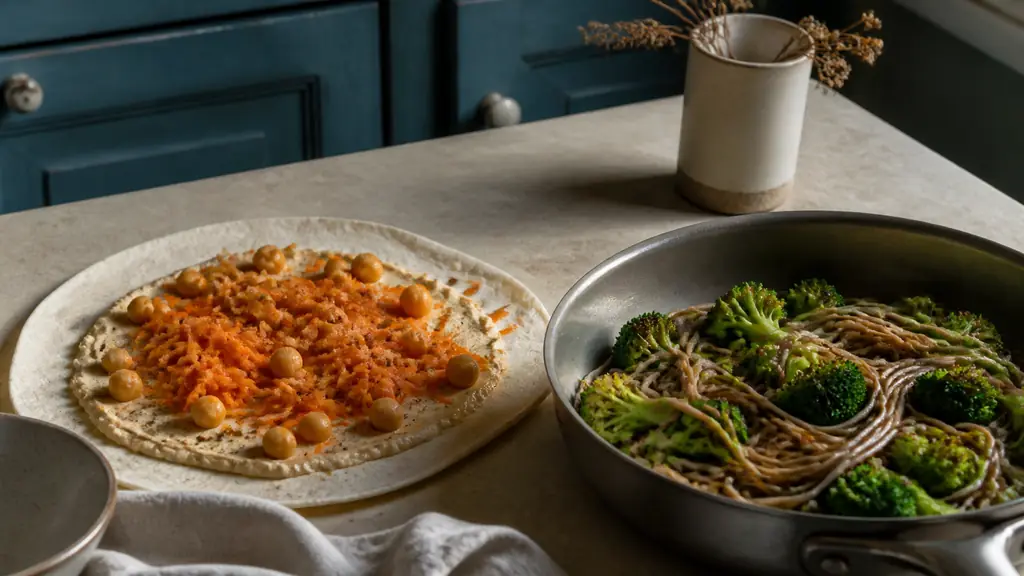 open tortilla spread with hummus and topped with chickpeas and grated carrots beside a skillet of soba noodles and broccoli, natural evening kitchen light, editorial food photography, no text, no logo