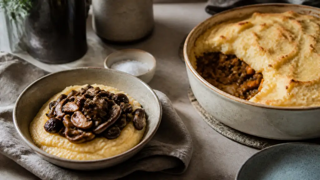 creamy polenta topped with pan-seared mushrooms beside a butternut and lentil shepherd's pie in a ceramic baking dish, cozy winter kitchen light, editorial food photography, no text, no logo