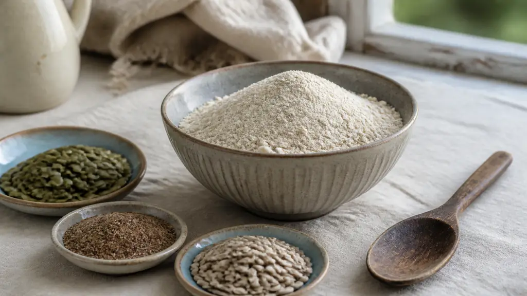 Editorial close-up of a kitchen table with a bowl of buckwheat flour, ground flax seeds, and pumpkin and sunflower seeds arranged beside a wooden spoon, soft natural daylight, no text, no logo