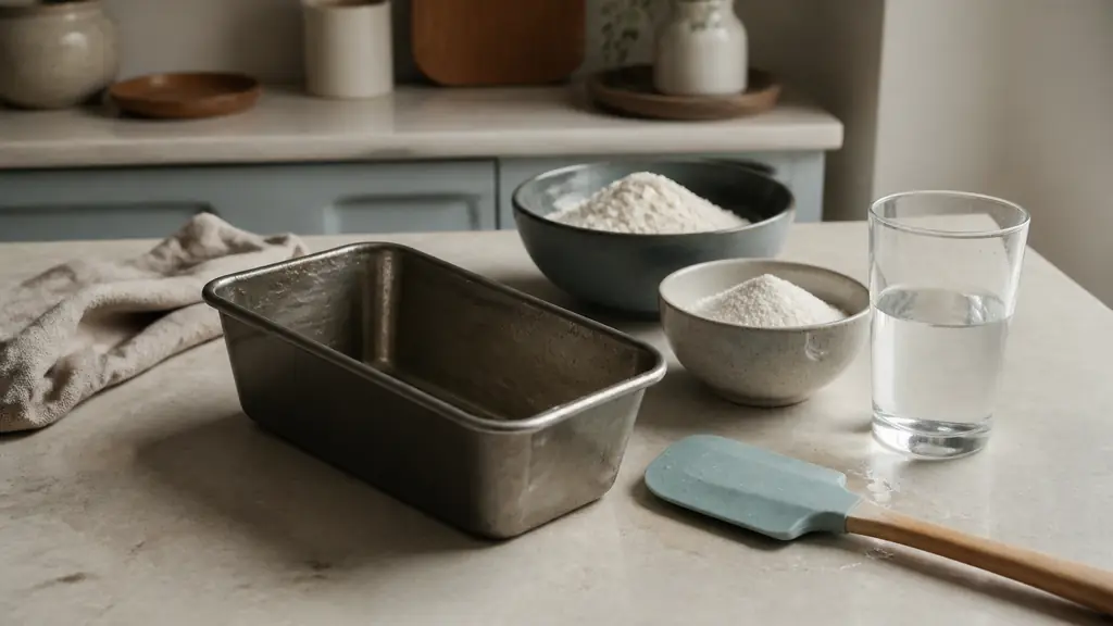 Editorial kitchen scene showing an oiled loaf pan, a damp spatula, and separate bowls of flour and starch beside a glass of warm water, soft natural daylight, no text, no logo