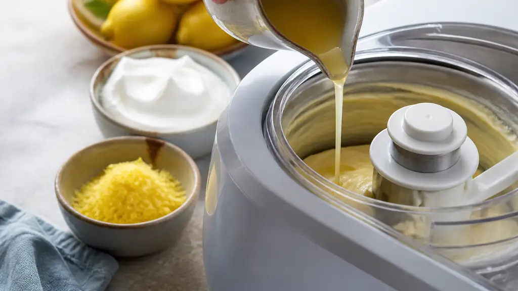 Close-up editorial food photograph of lemon syrup being poured into a home ice cream maker, with finely grated Menton lemon zest and soft whipped egg white beside it, natural kitchen light, no text, no logo