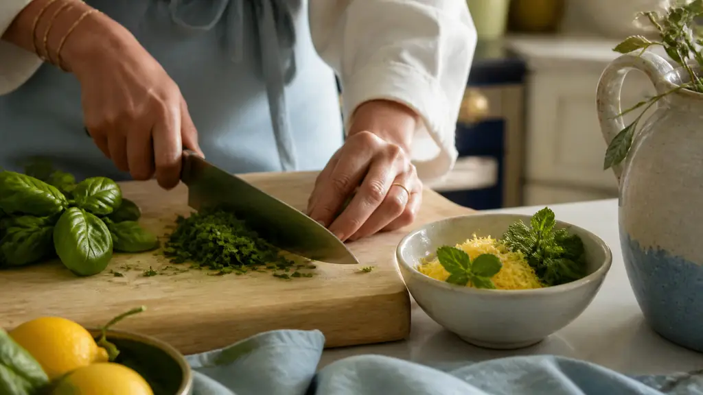 Editorial food photograph of fresh basil being finely chopped beside a bowl of Menton lemon zest and mint leaves, natural kitchen light, no text, no logo