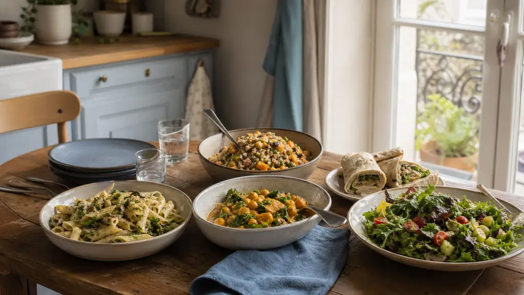 Editorial photo of a cozy family kitchen table with simple vegan lunch and dinner options, pasta, curry, grain bowl, wraps and salad, natural daylight, realistic home setting, no text, no logo