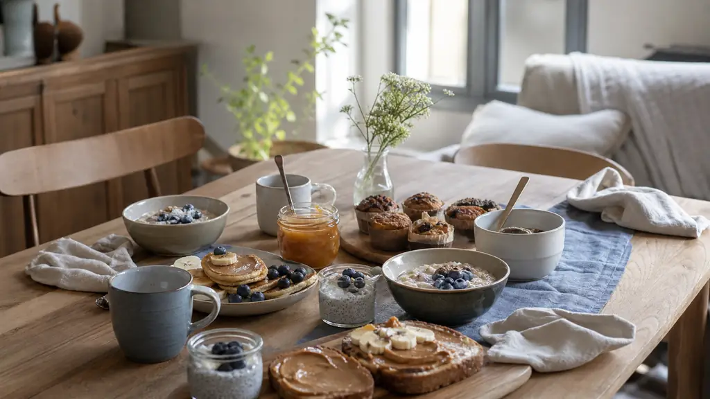 Editorial photo of a cozy family breakfast and snack scene with vegan porridge, chia pudding, toast with nut butter, banana pancakes, homemade muffins and fruit compote on a wooden table, natural daylight, realistic home setting, no text, no logo