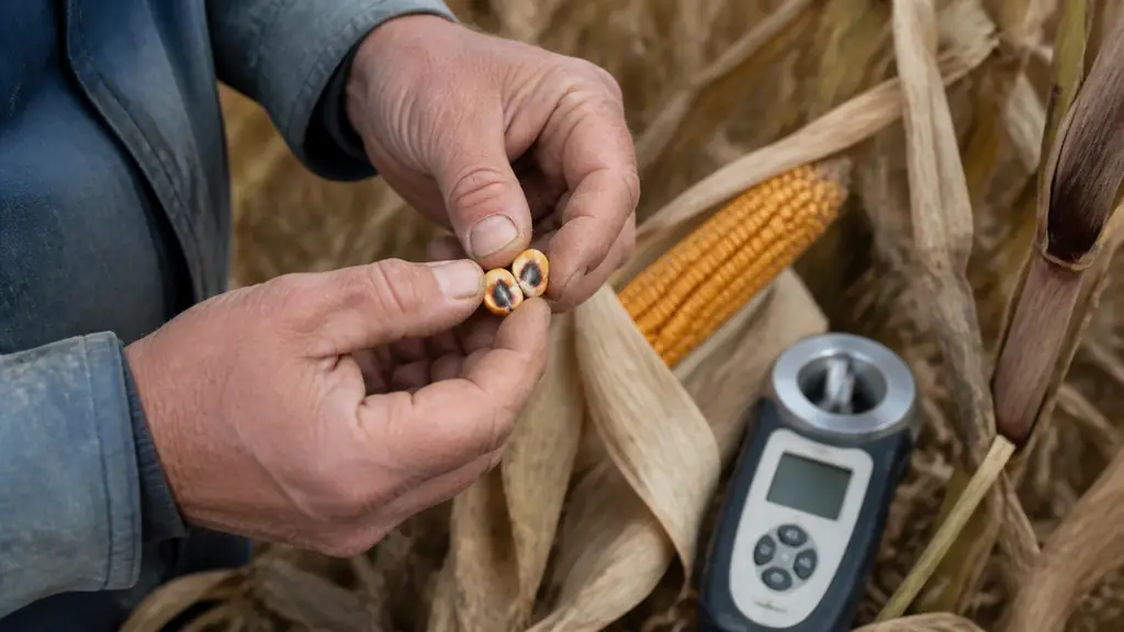 Editorial close-up of a farmer opening a mature corn kernel to inspect the black layer, with dry husks and a portable grain moisture meter in the field, no text, no logo