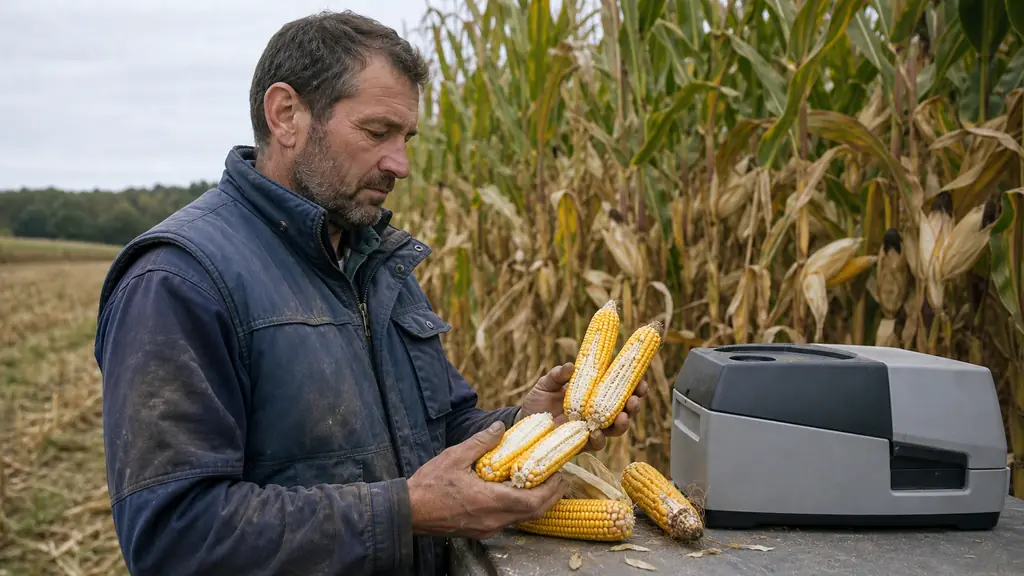 Editorial photograph of a farmer opening several corn ears from a heterogeneous forage maize field, comparing the milk line and glassy starch lens in split kernels beside a portable near-infrared analyzer, no text, no logo
