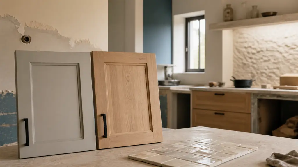 Editorial photograph of a kitchen renovation in progress, with one greige-painted molded cabinet door beside a sanded natural oak door, matte black handles, and a zellige backsplash sample on the worktop, no text, no logo
