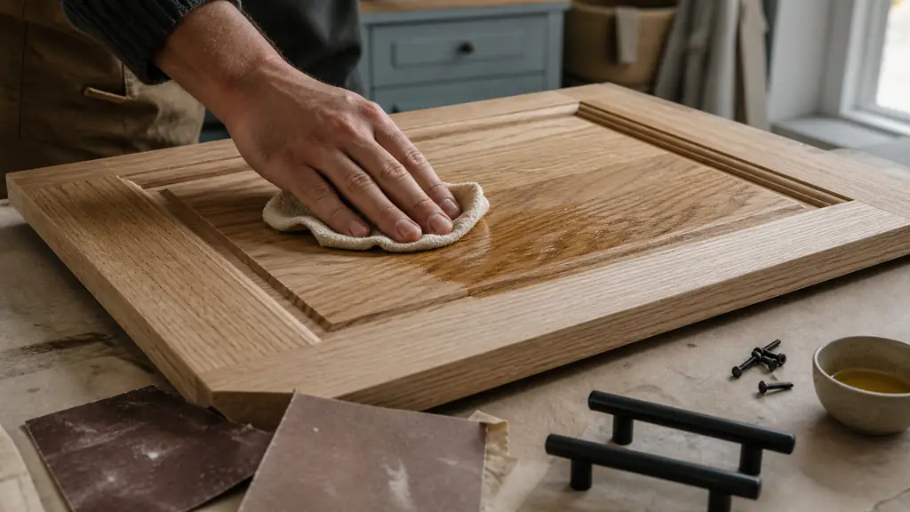 Editorial photograph of a hand applying clear wood oil to a freshly sanded natural oak molded cabinet door, with grain 80 and 120 sandpaper and matte black handles nearby, no text, no logo