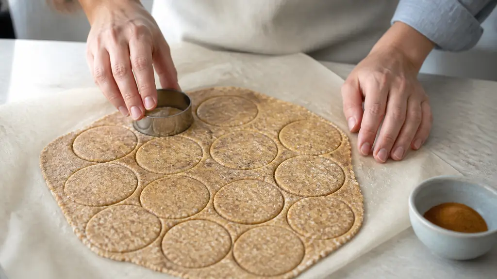 Close-up editorial food photograph of hands cutting twelve round biscuits from rolled wholemeal oat dough between sheets of baking paper, with a small bowl of cinnamon nearby, natural kitchen light, no text, no logo