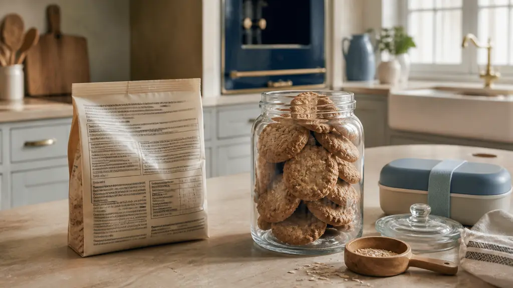 Editorial food photograph comparing a supermarket biscuit package with its ingredient label visible beside a glass jar of homemade wholemeal oat biscuits, small measuring scoop and lunchbox on a family kitchen counter, no readable text, no logo