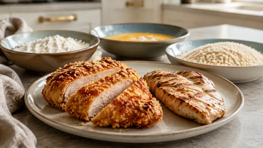 close-up of sliced golden breaded chicken beside a grilled chicken escalope, with three shallow bowls of flour, beaten egg and breadcrumbs on a kitchen counter