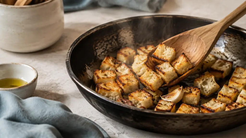 close-up of golden bread cubes browning in a skillet with olive oil and a crushed garlic clove, wooden spoon stirring the croutons