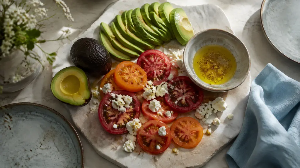 overhead editorial photograph of ripe avocados, sliced tomatoes and crumbled feta beside a small bowl of lemon and olive oil dressing, natural kitchen light, no text, no logo
