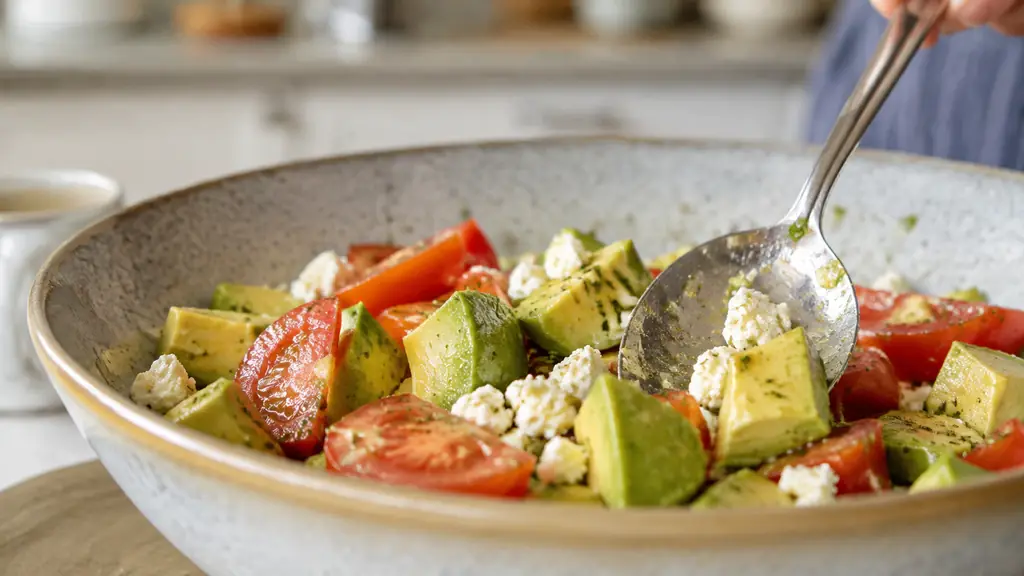 editorial close-up photograph of avocado cubes being gently folded into tomato wedges with a large spoon, lemon dressing and crumbled feta visible in the salad bowl, natural kitchen light, no text, no logo