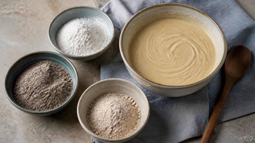 Editorial overhead photograph of three open bowls containing white rice flour, dark buckwheat flour and chestnut flour beside a mixing bowl of cake batter and a wooden spoon, natural kitchen light, no text, no logo