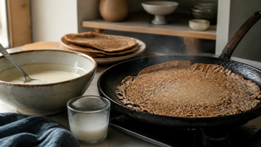 Editorial kitchen photograph of buckwheat galettes cooking in a pan beside a bowl of rice flour cake batter and a small glass of cornstarch slurry, warm natural light, no text, no logo