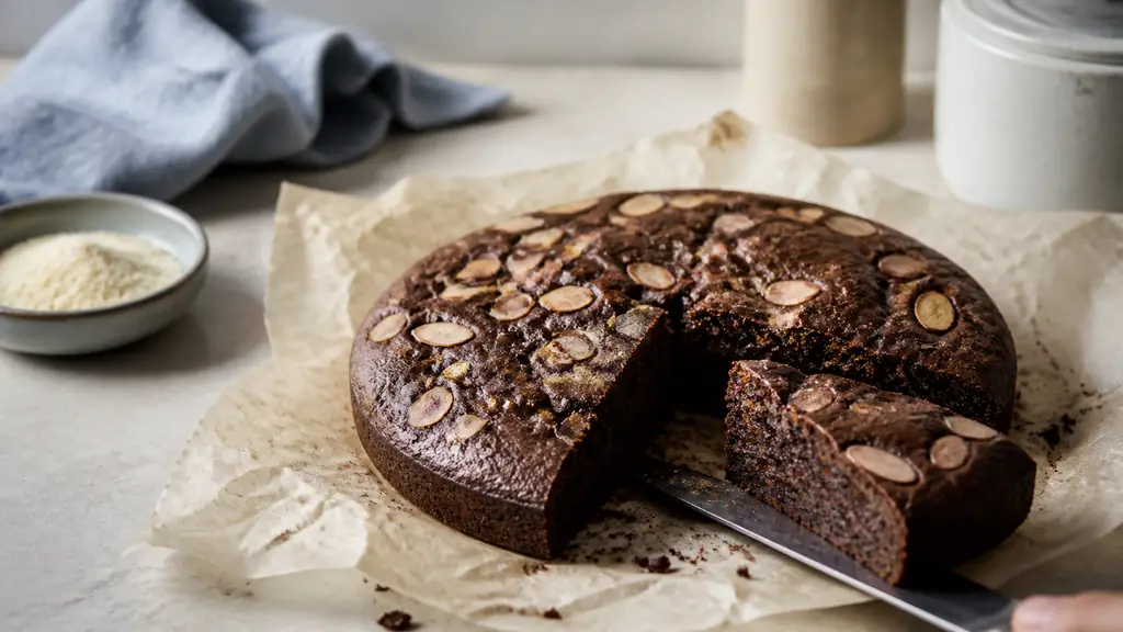 Editorial close-up of a sliced chocolate almond cake cooling on parchment paper, with a knife checking the soft center and a small bowl of ground almonds nearby