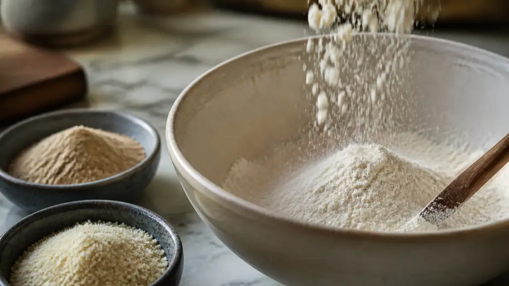 Editorial kitchen close-up of rice flour and potato starch being combined in a bowl, with chestnut flour and ground almonds arranged beside it