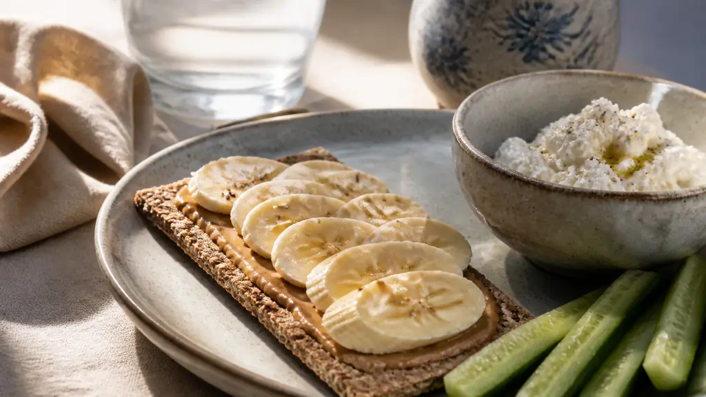 Close-up editorial photograph of gluten-free Scandinavian crispbread topped with almond butter and banana slices, beside cucumber strips and a small bowl of fresh cheese on a breakfast table, no text, no logo