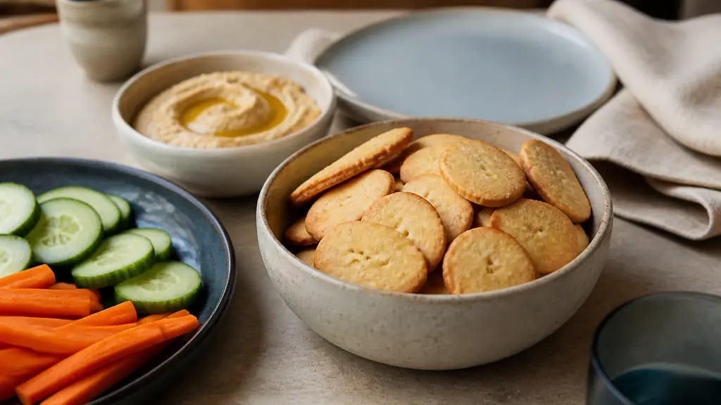 Editorial photograph of Salinis crackers served in a small ceramic bowl beside carrot sticks, cucumber slices and homemade hummus on a casual family aperitif table, no text, no logo