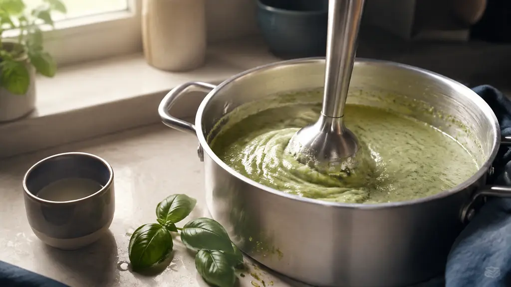 Close-up editorial food photograph of green zucchini sauce being blended in a saucepan, with a small cup of pasta cooking water and fresh basil leaves beside it, natural kitchen light, no text, no logo