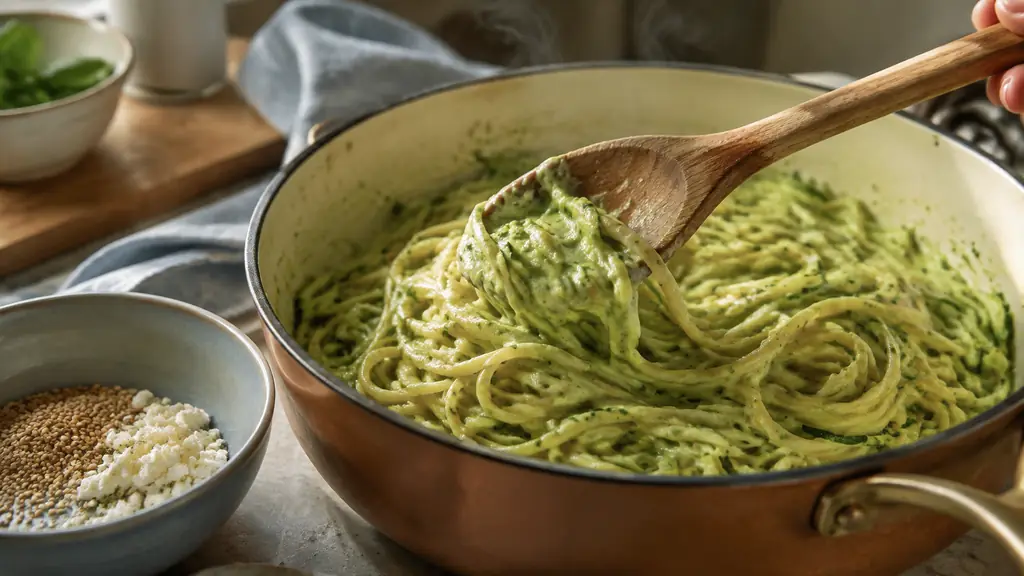 Editorial food photograph of a wooden spoon gently coating pasta with zucchini sauce in a warm saucepan, small bowl of sesame and crumbled feta placed beside it, natural family kitchen light, no text, no logo